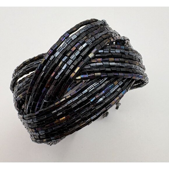 Black Iridescent Beaded Coil Bracelet Multi Strand Braided Woven Design - Picture 5 of 6